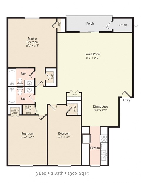 Floor plan for 3 beds, 2 baths, 1300 sqft